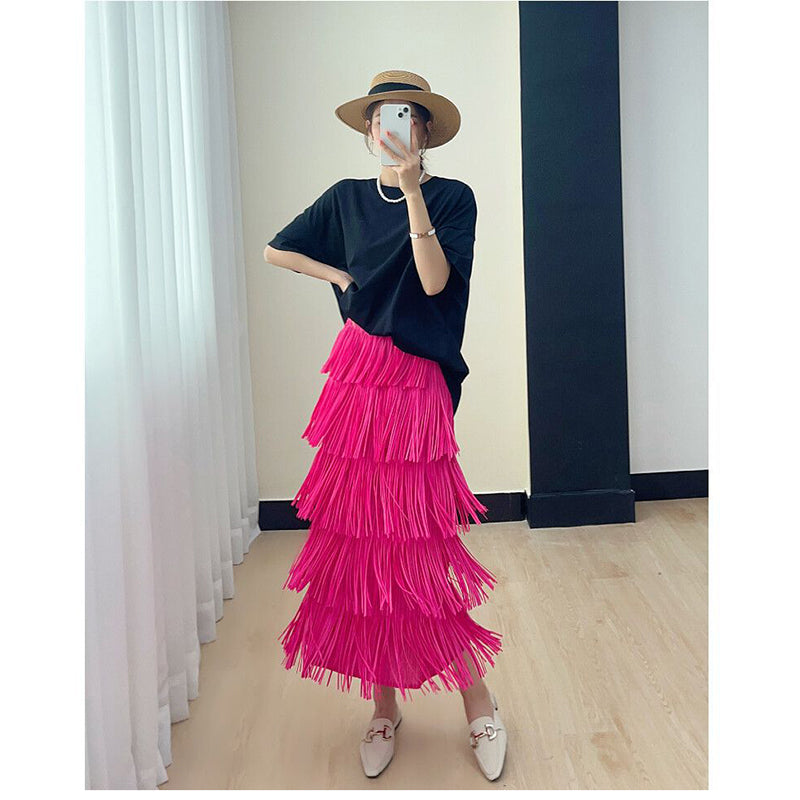 Pink Layered Fringed Accordion Pleats High-Rise Flared Midi Skirt