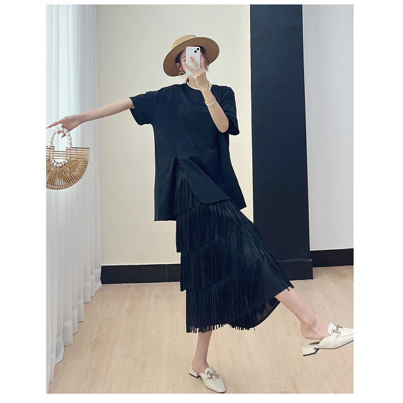 Navy Blue Layered Frills Detail Flared Midi Skirt