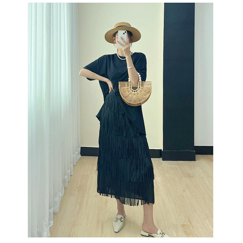 Navy Blue Layered Frills Detail Flared Midi Skirt