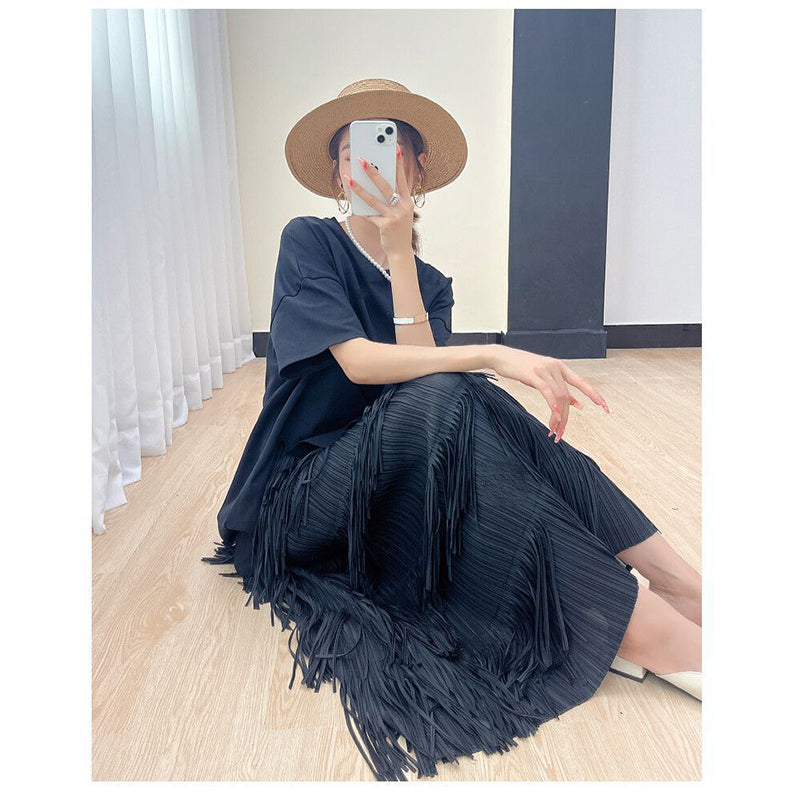 Navy Blue Layered Frills Detail Flared Midi Skirt