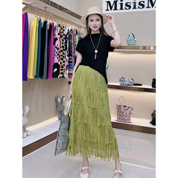 Green Flared Fringed Maxi Skirt