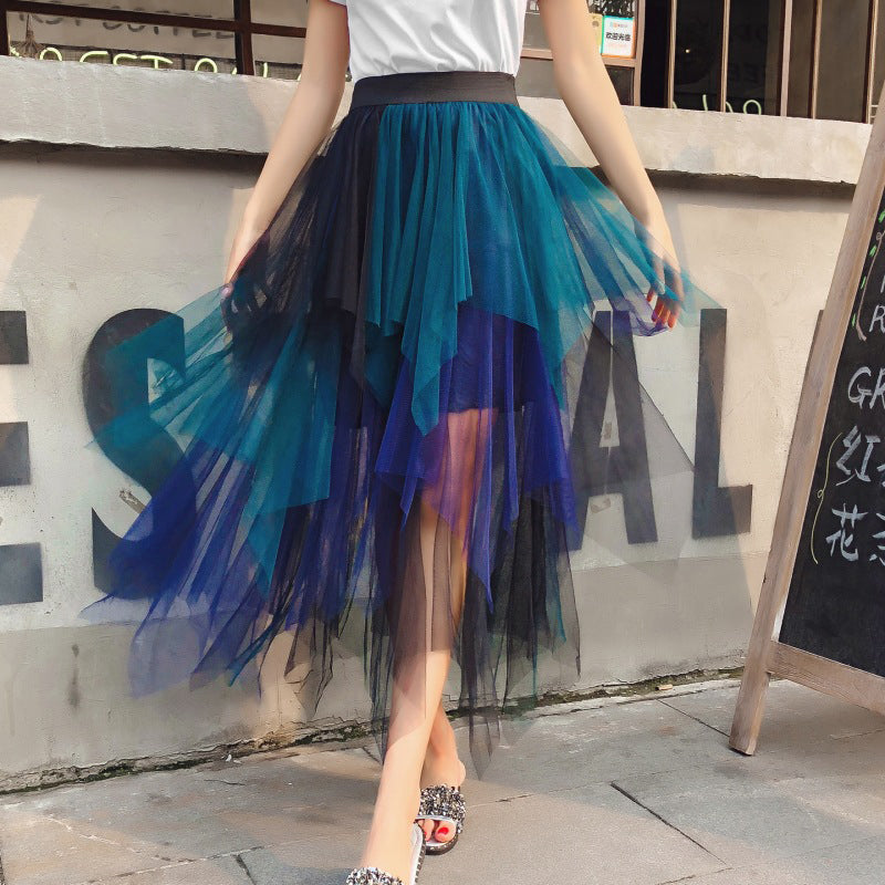 Blue Ombre Dyed Ruffles Flared Midi Skirt