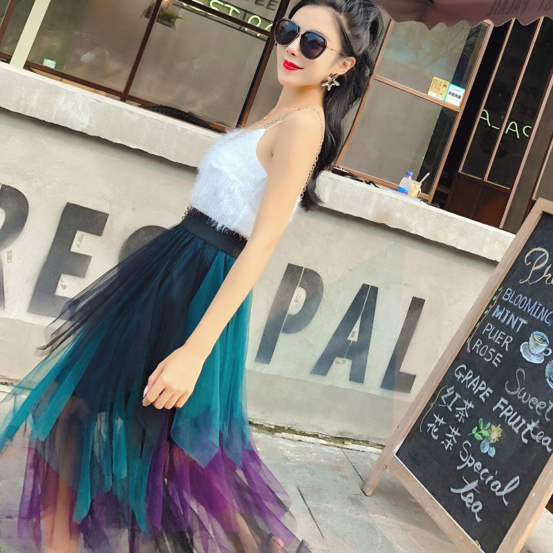 Blue Ombre Dyed Ruffles Flared Midi Skirt
