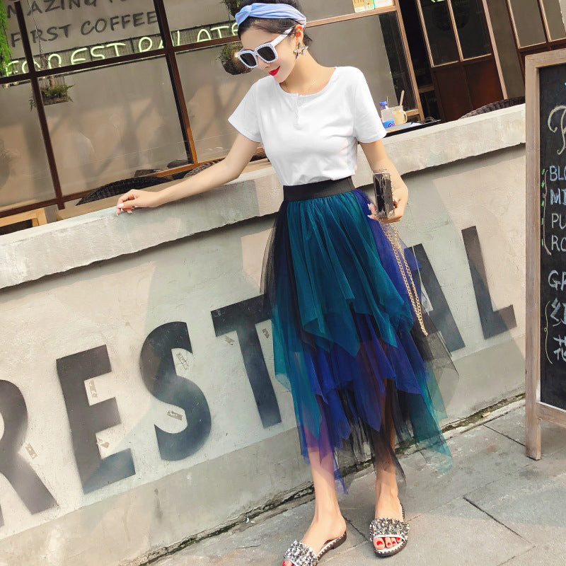 Blue Ombre Dyed Ruffles Flared Midi Skirt