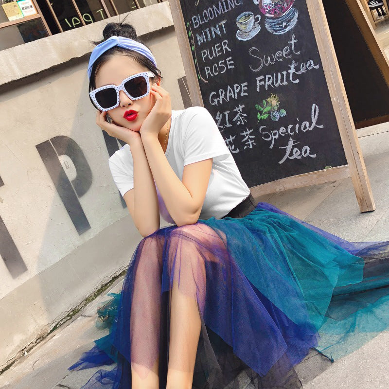 Blue Ombre Dyed Ruffles Flared Midi Skirt