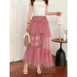 Pink Tiered Layered Flared Maxi Skirt