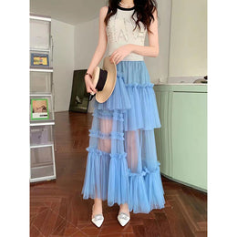 Blue Frills Maxi Flared Skirt