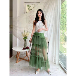 Green Ruffles Flared Maxi Skirt