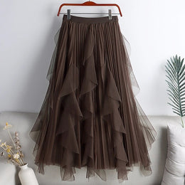 Brown Pleated Ruffles Detail Flared Midi Skirt
