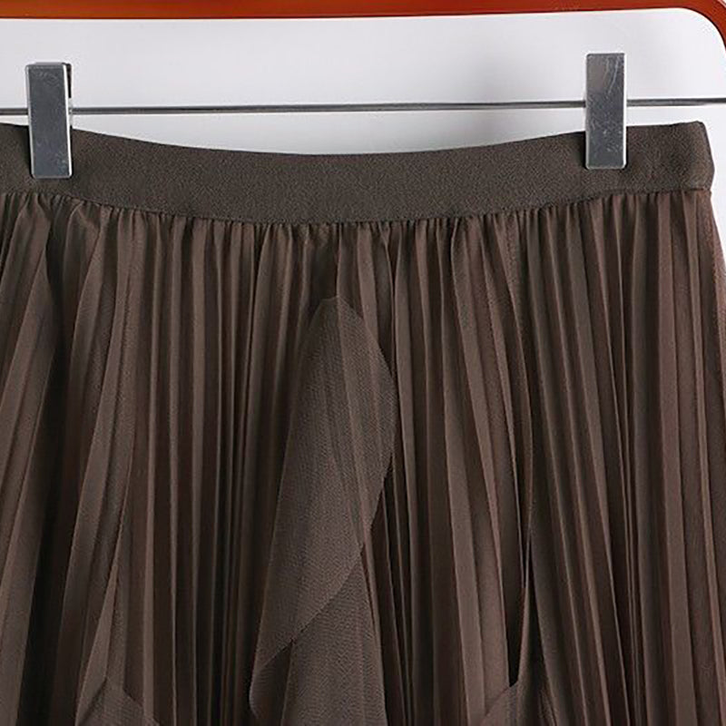 Brown Pleated Ruffles Detail Flared Midi Skirt