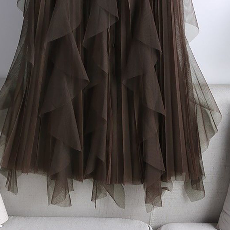 Brown Pleated Ruffles Detail Flared Midi Skirt