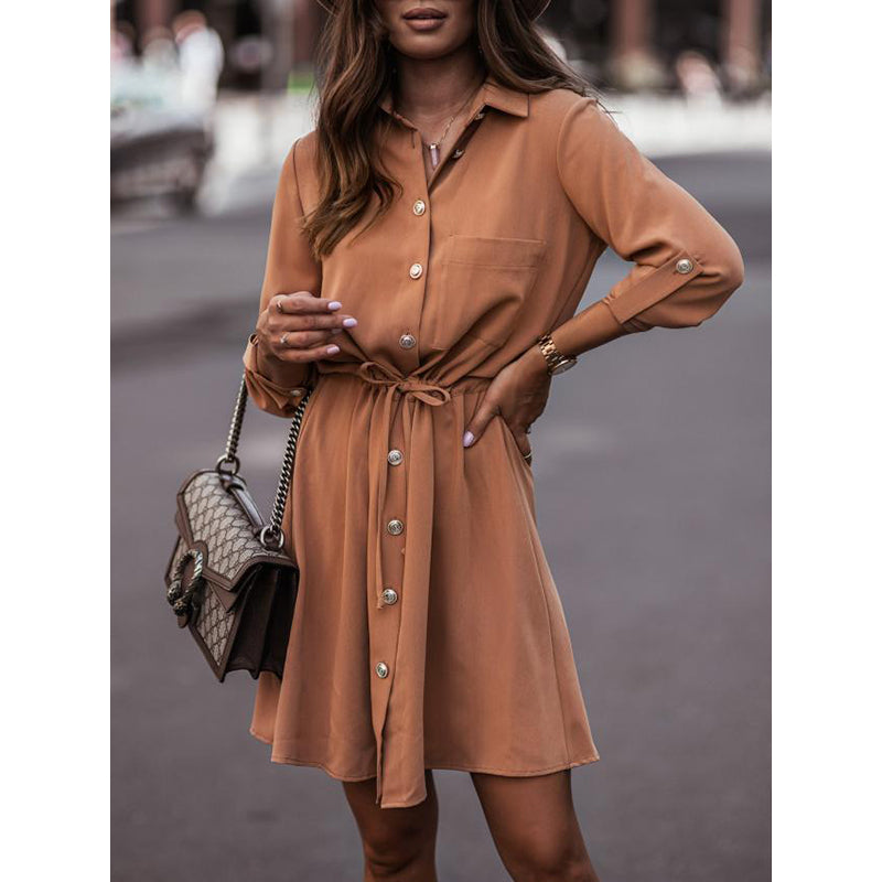 Orange-Coloured Cuffed Sleeves Shirt Dress