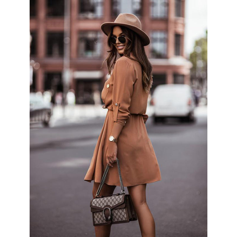 Orange-Coloured Cuffed Sleeves Shirt Dress