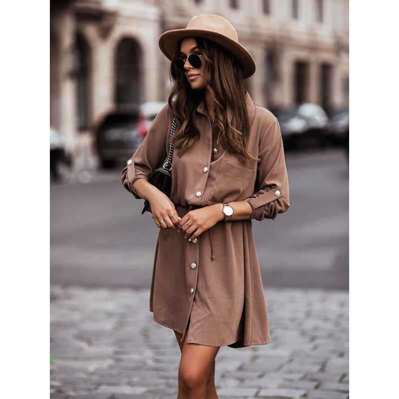 Brown Shirt Collar Cuffed Sleeves Shirt Style Dress
