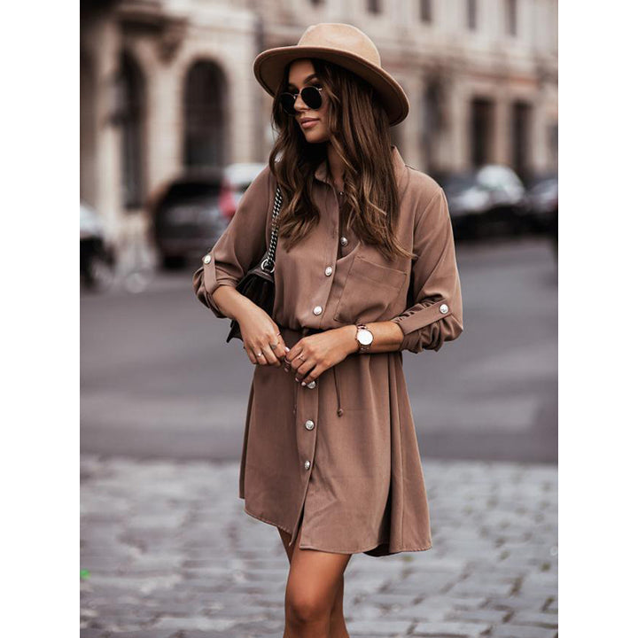 Brown Shirt Collar Cuffed Sleeves Shirt Style Dress