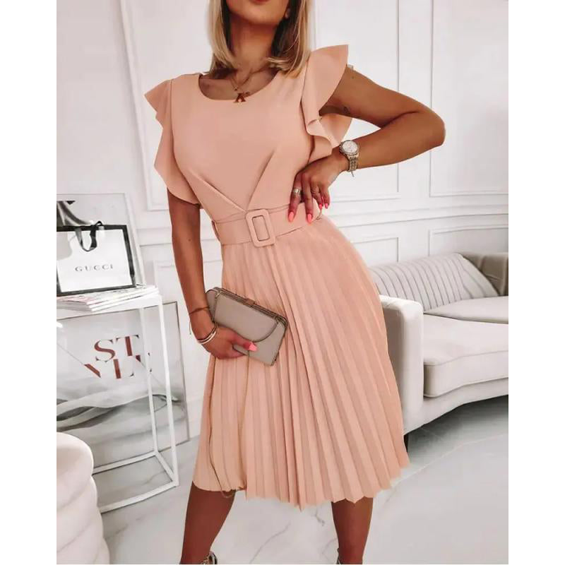 Pink Flared Sleeves Accordion Pleats Fit & Flare Dress