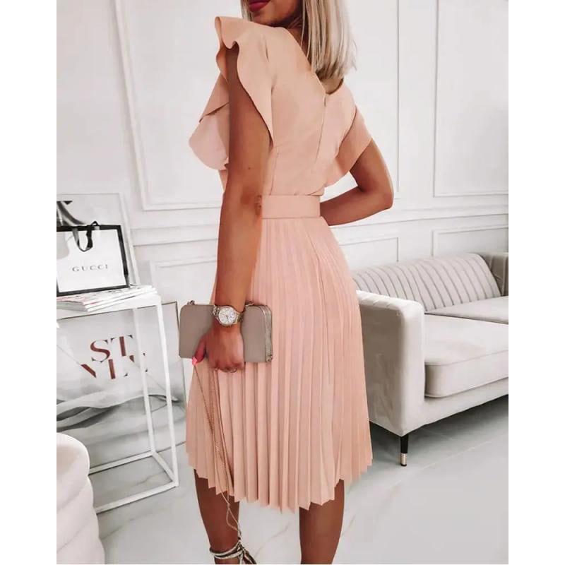 Pink Flared Sleeves Accordion Pleats Fit & Flare Dress