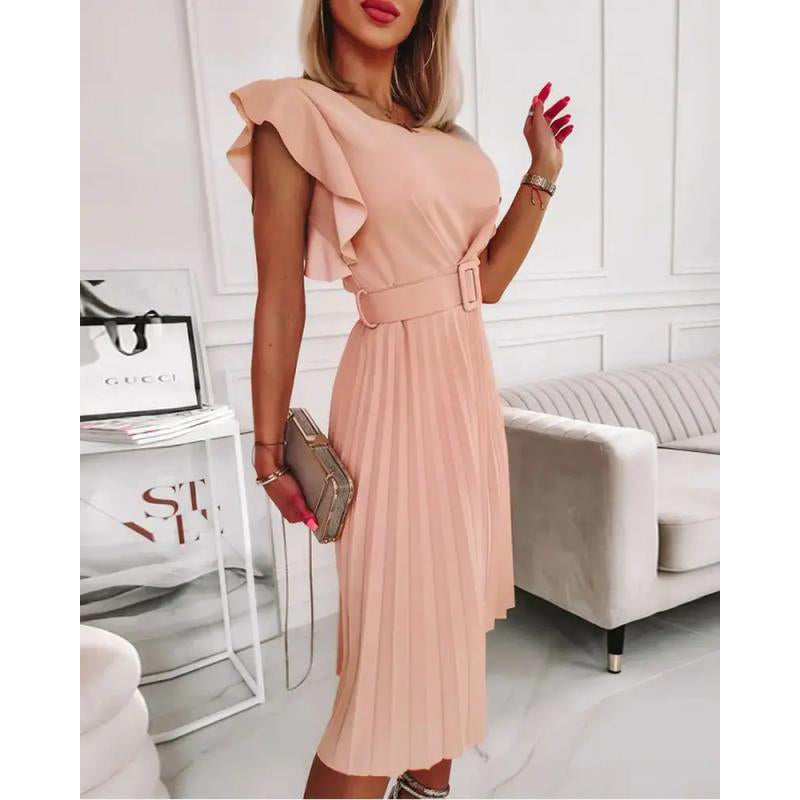 Pink Flared Sleeves Accordion Pleats Fit & Flare Dress