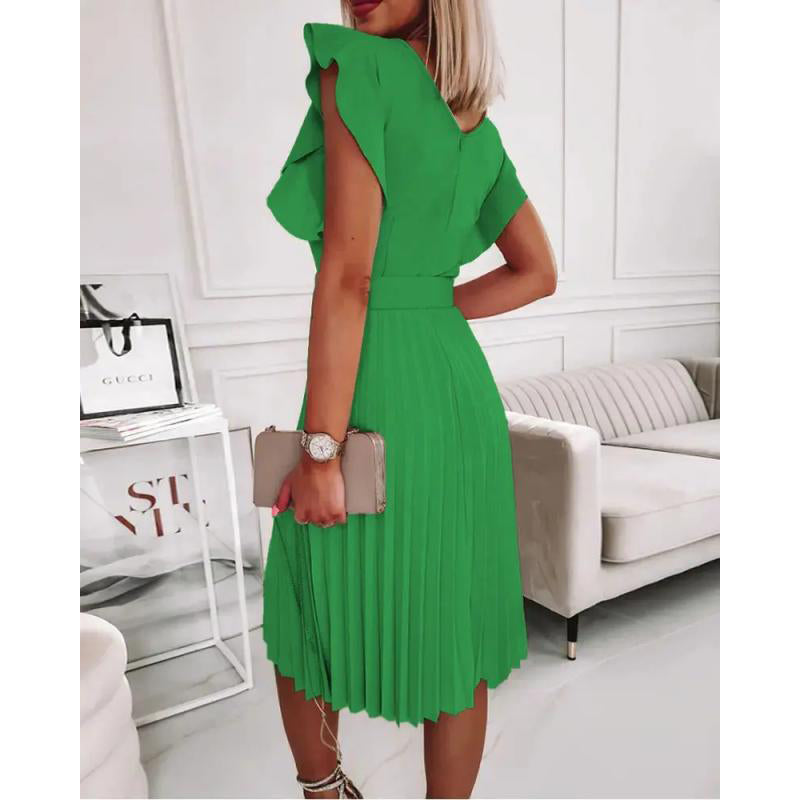 Green Flutter Sleeve Accordion Pleats A-Line Dress