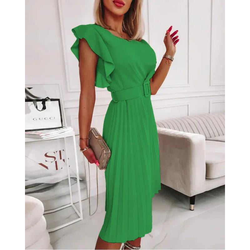 Green Flutter Sleeve Accordion Pleats A-Line Dress