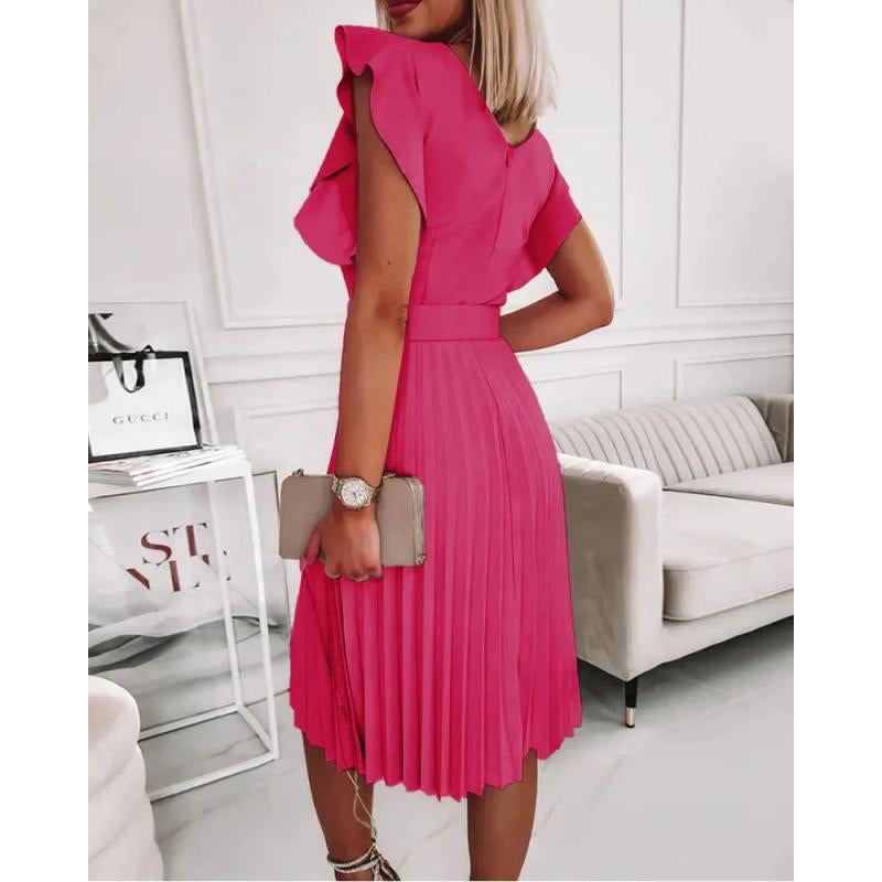 Fuchsia Flutter Sleeve Accordion Pleats Fit & Flare Midi Dress With Belt
