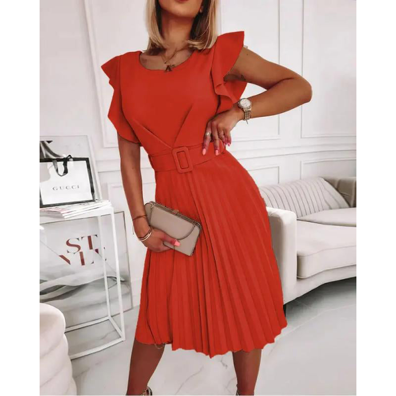 Red Round Neck Flutter Sleeve Belted A-Line Midi Dress