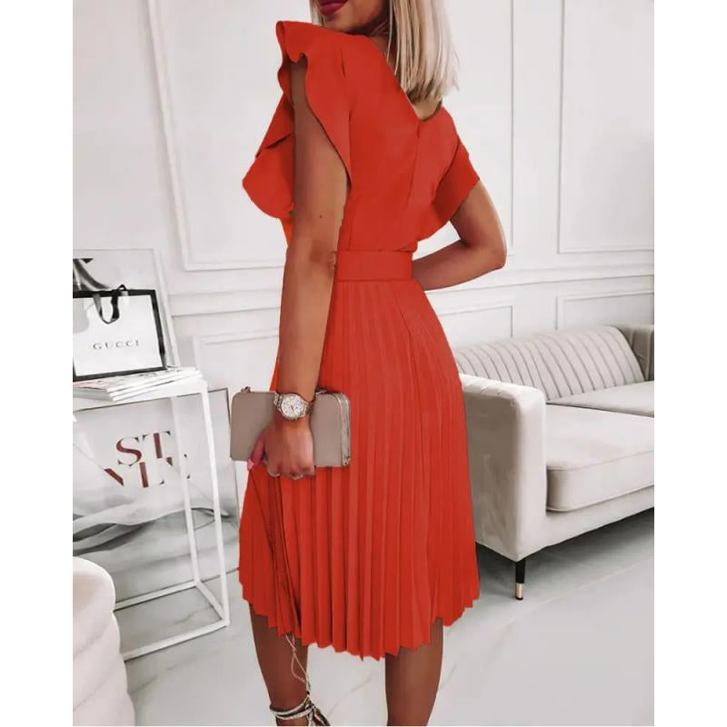 Red Round Neck Flutter Sleeve Belted A-Line Midi Dress