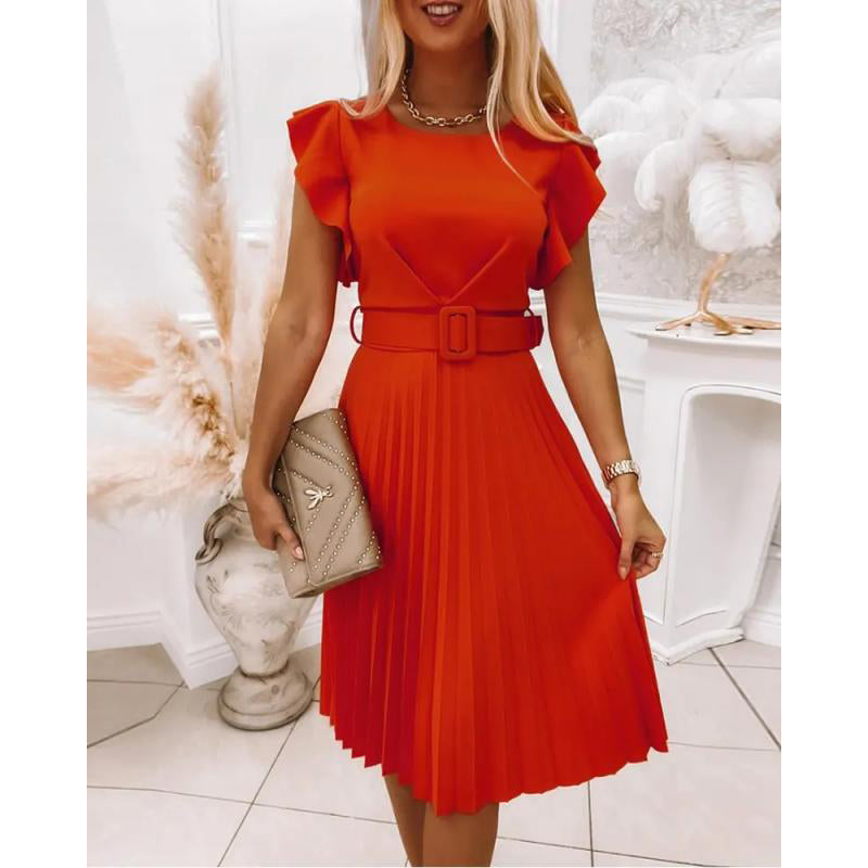 Red Round Neck Flutter Sleeve Belted A-Line Midi Dress