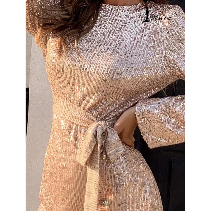 Gold Sequin Embellished Waist Tie-Up Mini Dress