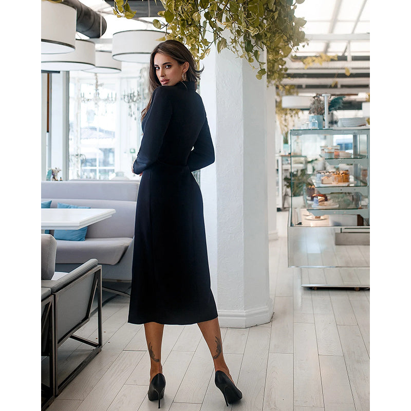 Black Solid V-Neck Wrap Maxi Dress