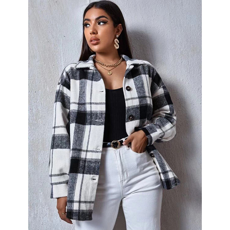 White Checked Spread Collar Shacket