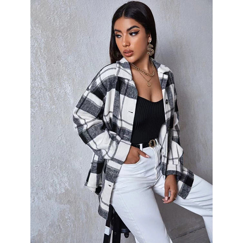 White Checked Spread Collar Shacket