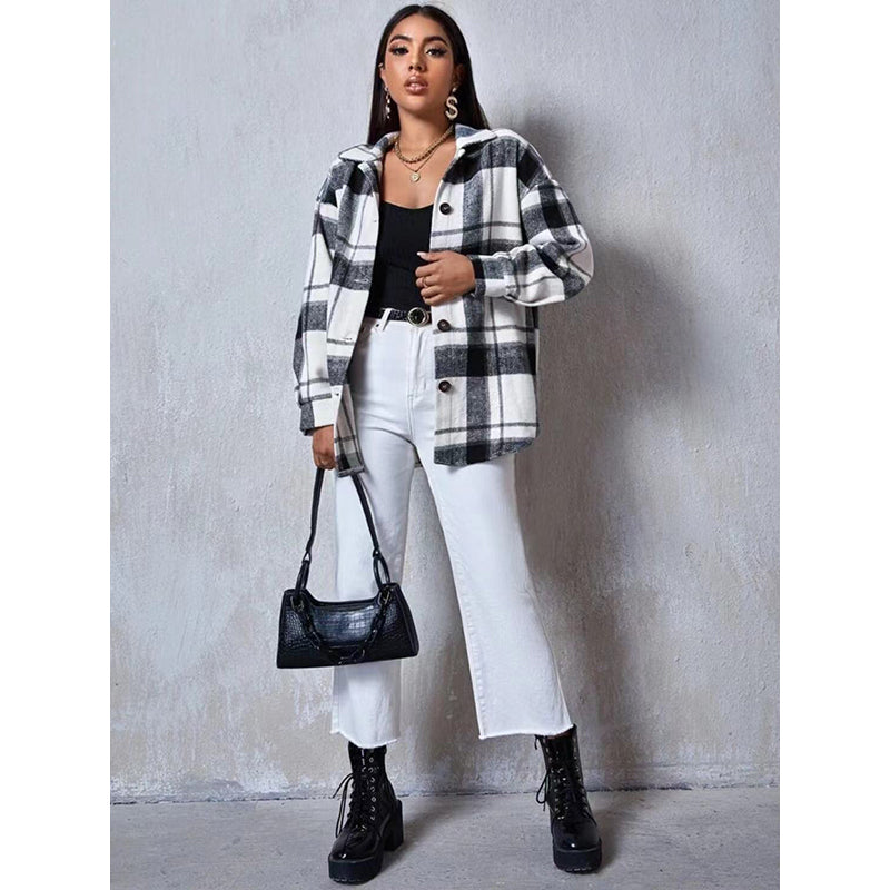 White Checked Spread Collar Shacket
