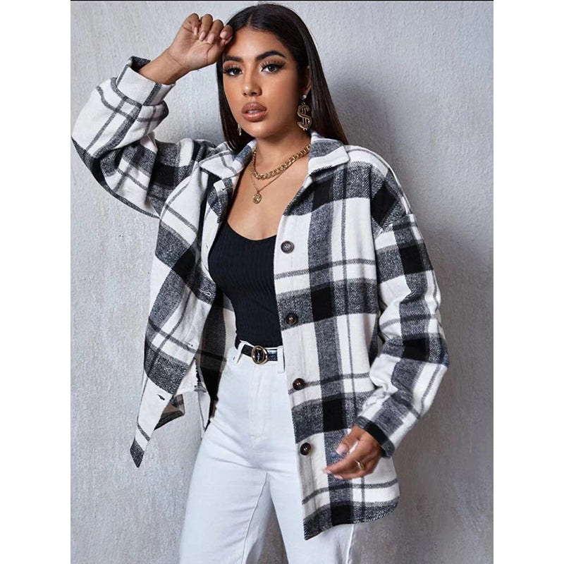 White Checked Spread Collar Shacket