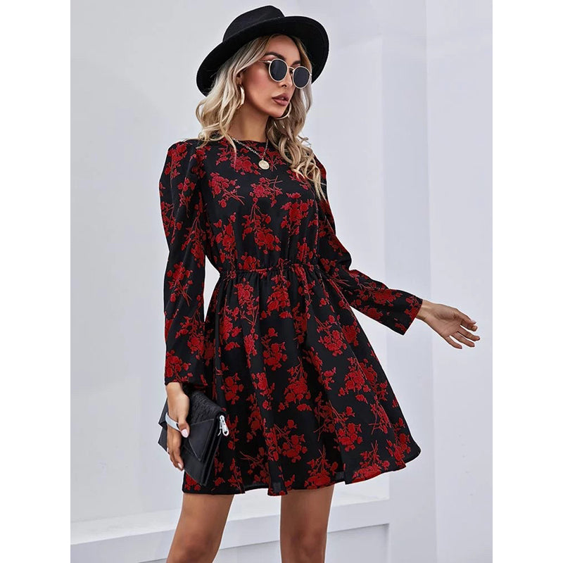 Black & Red Floral Printed Fit & Flare Dress