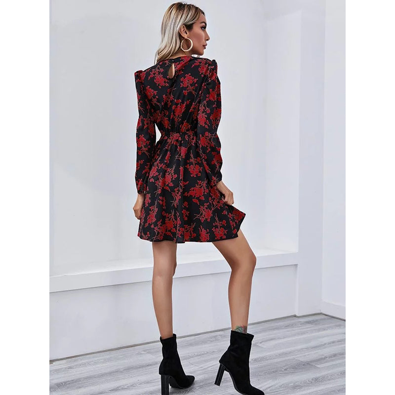 Black & Red Floral Printed Fit & Flare Dress