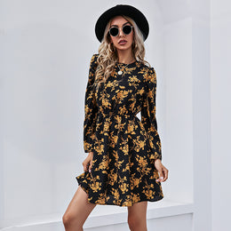 Black Floral Printed Puff Sleeves Gathered Fit & Flare Dress