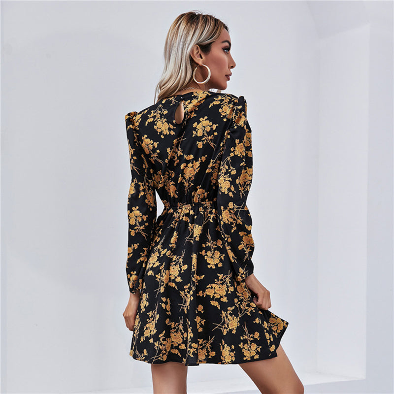 Black Floral Printed Puff Sleeves Gathered Fit & Flare Dress