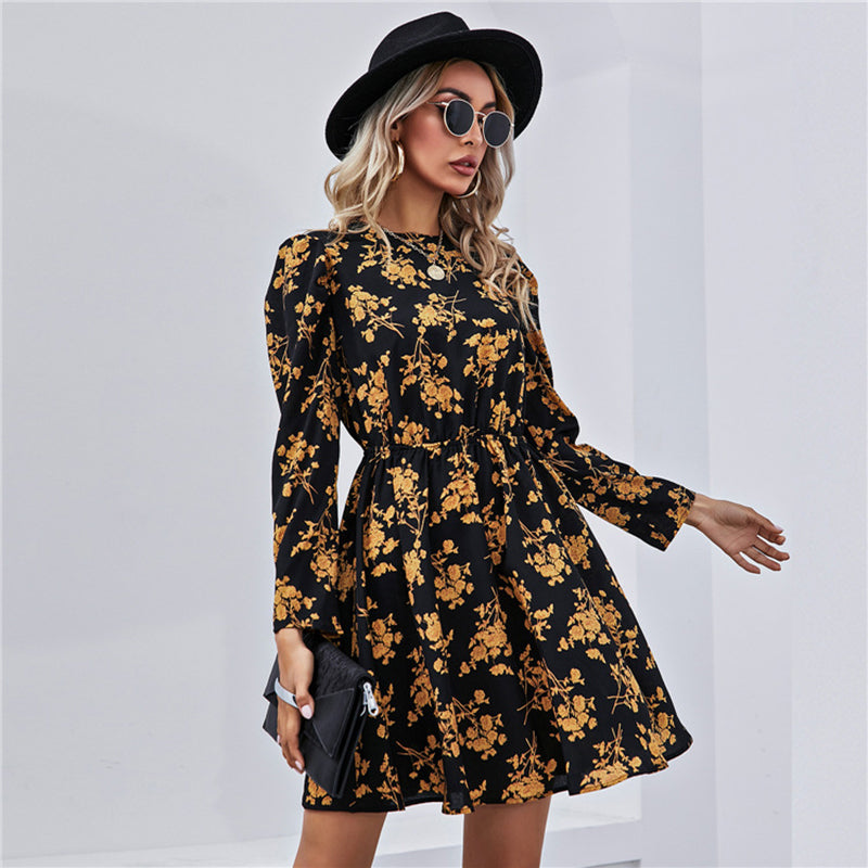 Black Floral Printed Puff Sleeves Gathered Fit & Flare Dress