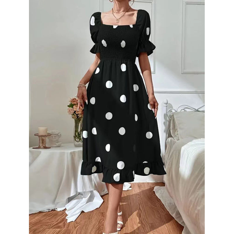 Black Polka Dot Printed Off Shoulder Smocked Fit & Flare Midi Dress