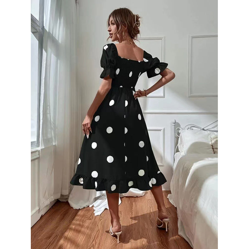 Black Polka Dot Printed Off Shoulder Smocked Fit & Flare Midi Dress