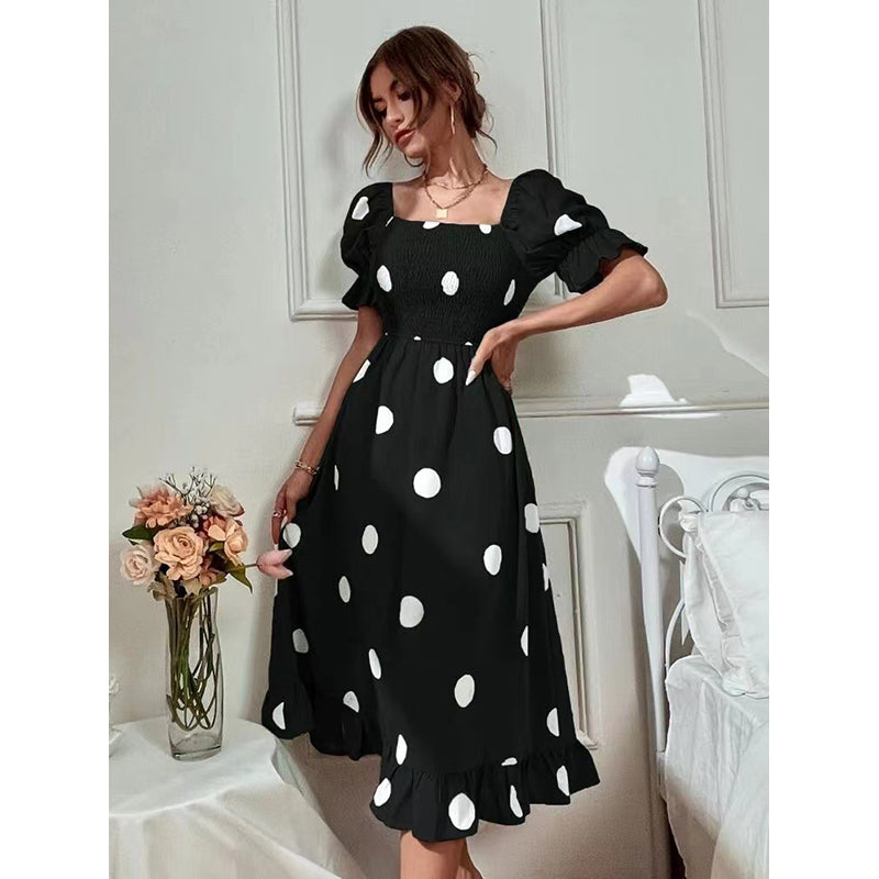 Black Polka Dot Printed Off Shoulder Smocked Fit & Flare Midi Dress