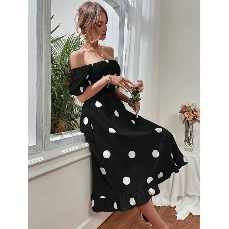 Black Polka Dot Printed Off Shoulder Smocked Fit & Flare Midi Dress