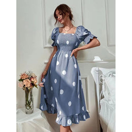 Blue Polka Dot Puff Sleeve Midi Dress