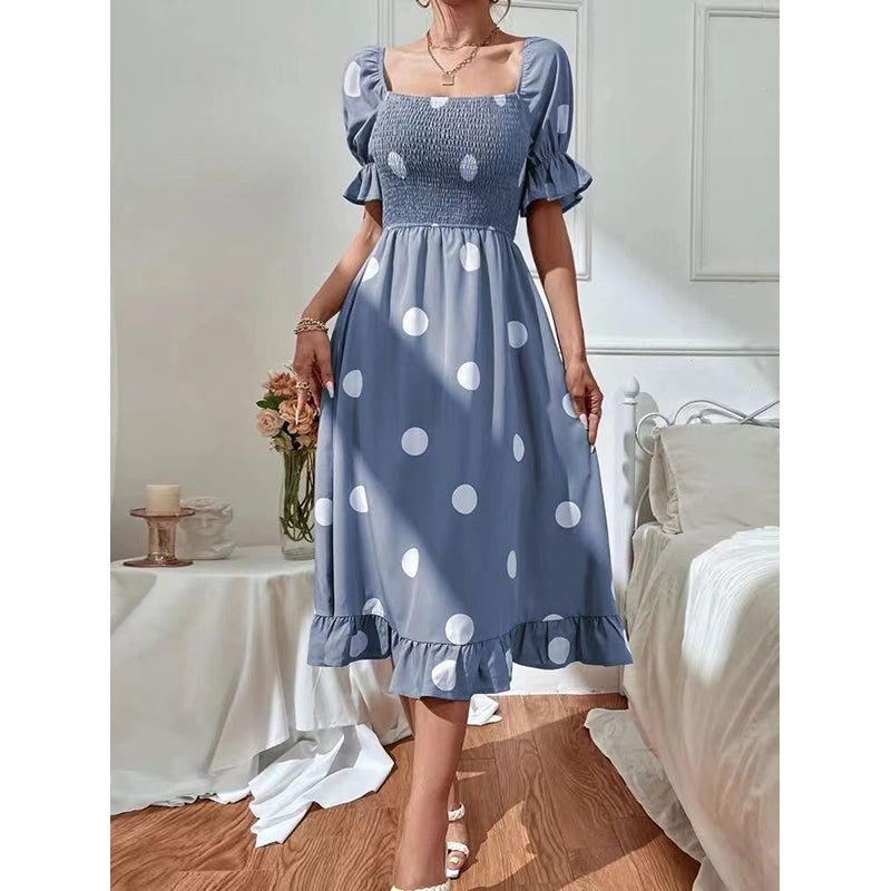 Blue Polka Dot Puff Sleeve Midi Dress
