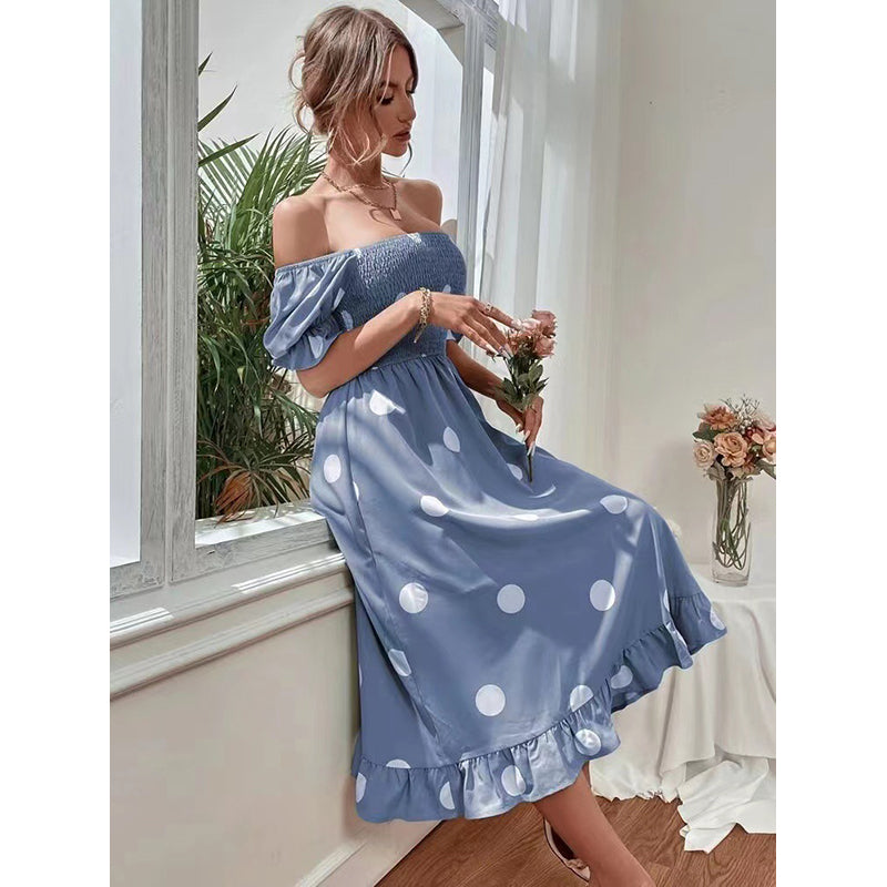 Blue Polka Dot Puff Sleeve Midi Dress