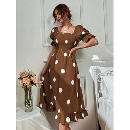 Brown Polka Dot Printed A-Line Midi Dress