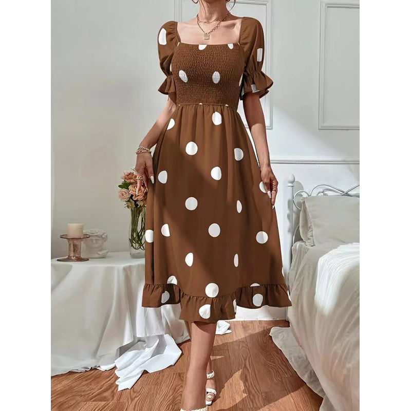 Brown Polka Dot Printed A-Line Midi Dress