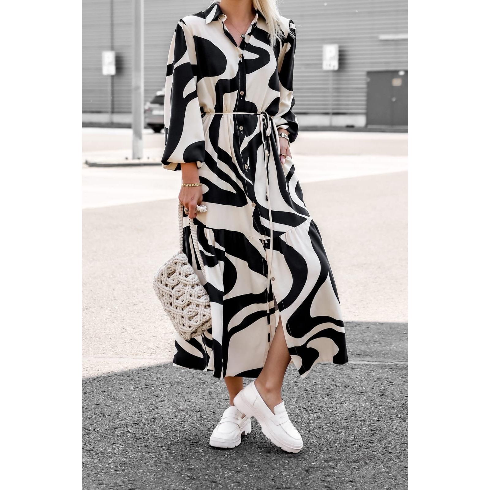 Printed Cuffed Sleeves Shirt Midi Dress