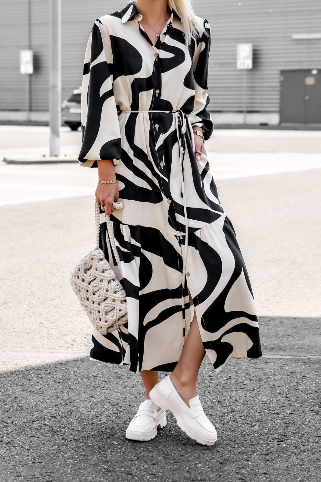Printed Cuffed Sleeves Shirt Midi Dress